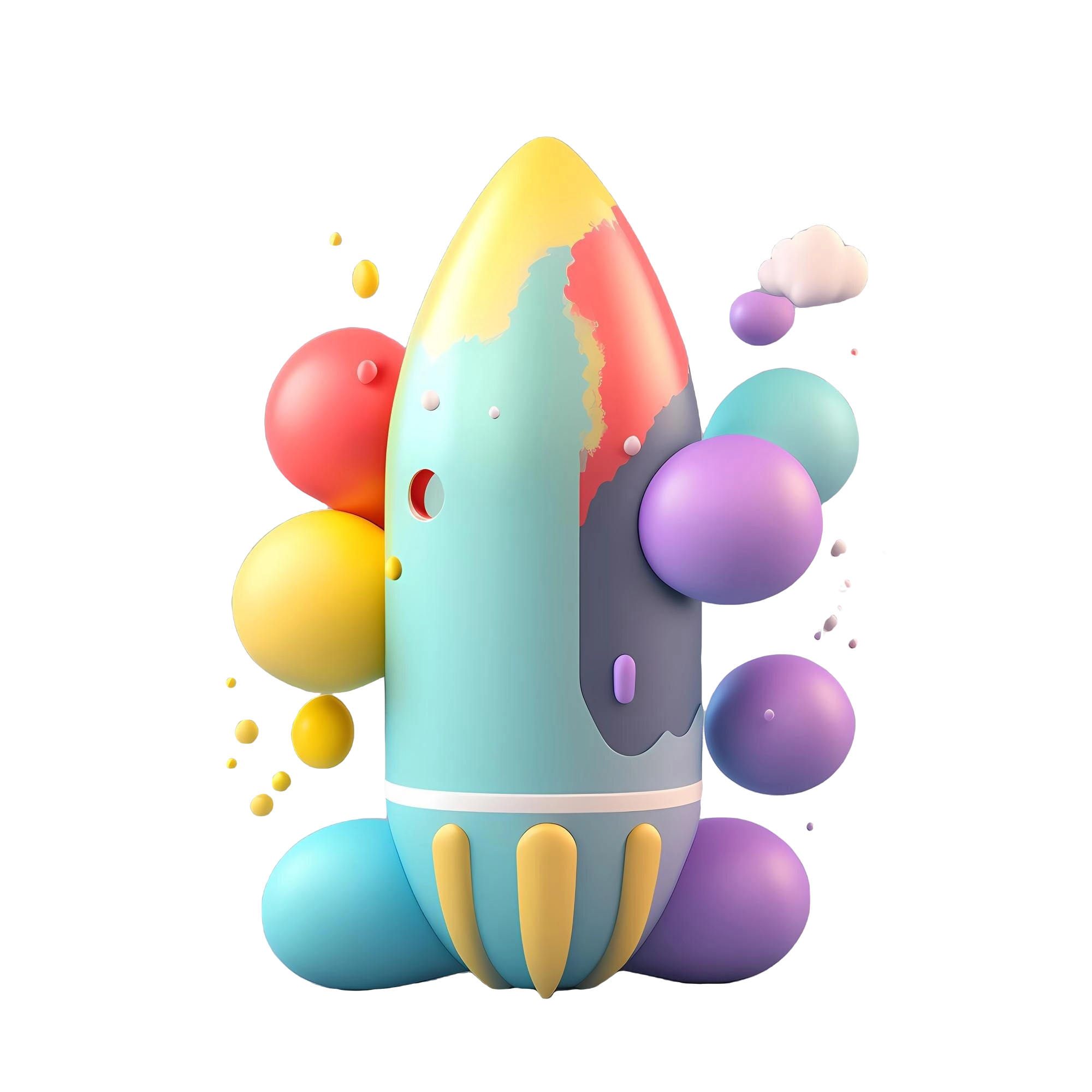 colorful rocket with purple yellow balloon middle